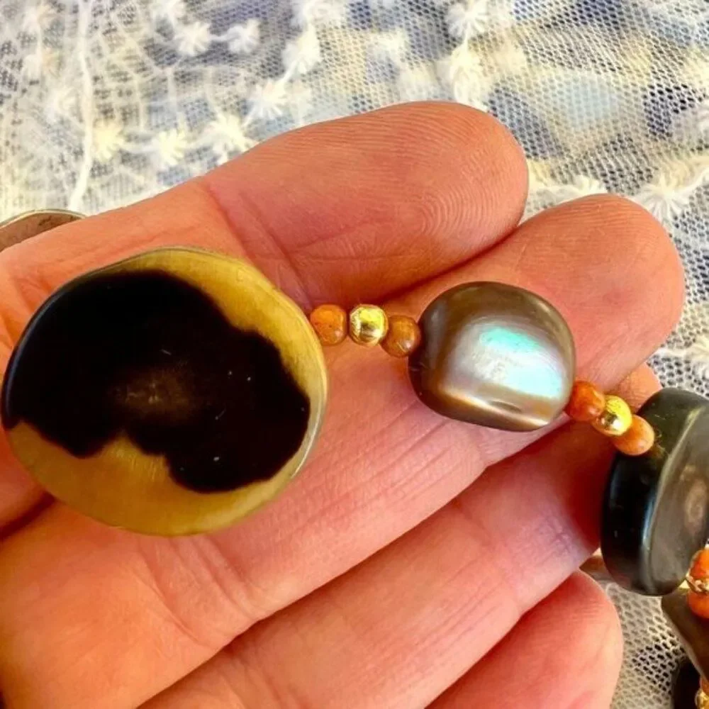 Vintage 70's Natural Horn, Coral & Abalone Shell Necklace 25”